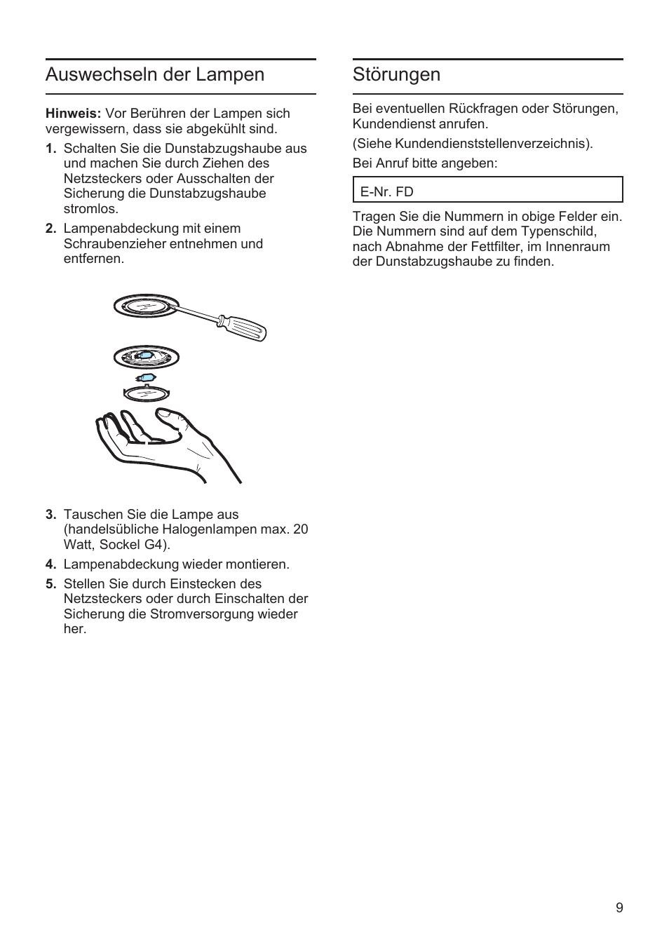 Auswechseln der lampen, Störungen | Bosch DWK096652 Edelstahl User Manual | Page 9 / 84