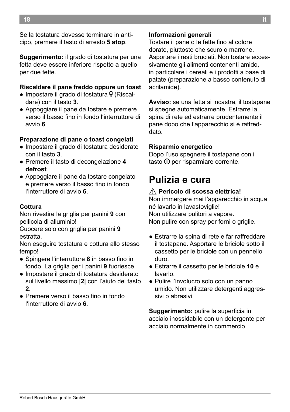 Pulizia e cura | Bosch TAT8613 Kompakt-Toaster EdelstahlKunststoff Styline Primärfarbe schwarz Sekundärfarbe schwarz User Manual | Page 20 / 96