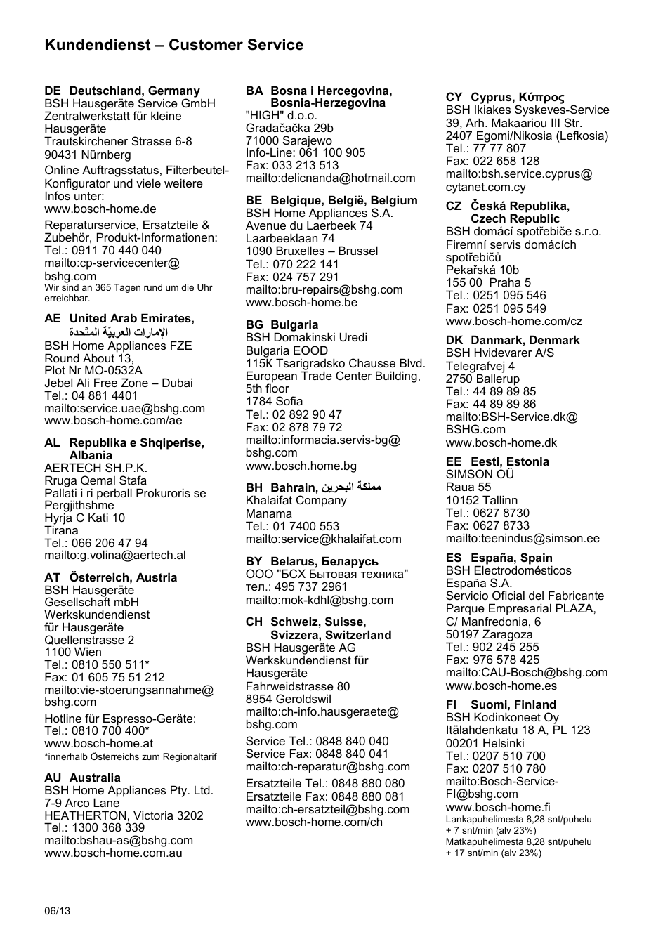 Kundendienst – customer service | Bosch TAT8613 Kompakt-Toaster EdelstahlKunststoff Styline Primärfarbe schwarz Sekundärfarbe schwarz User Manual | Page 92 / 96