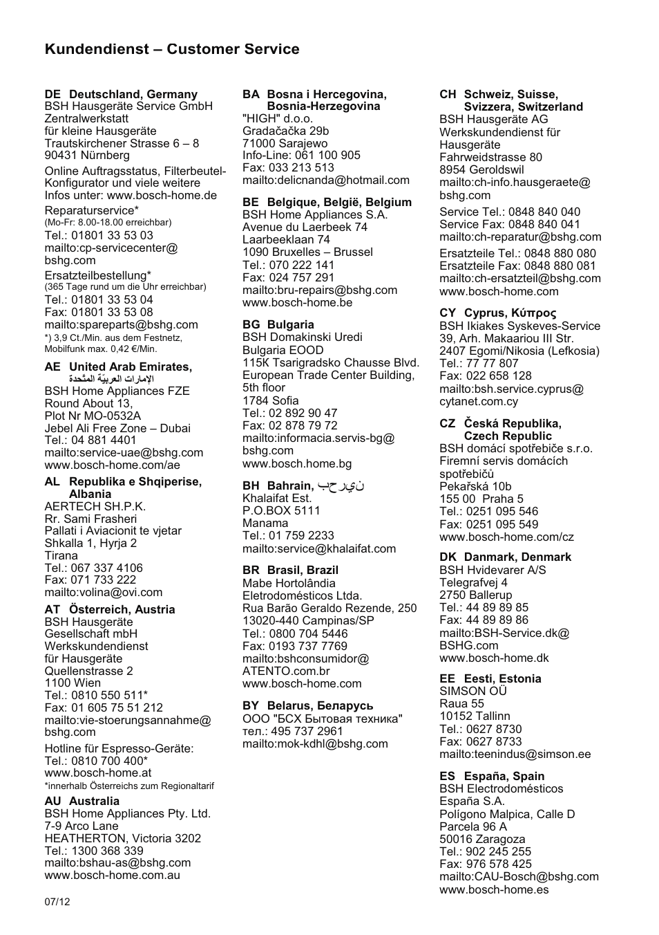 Kundendienst - customer service | Bosch PHD5781 Haartrockner BrilliantCare Business User Manual | Page 101 / 106