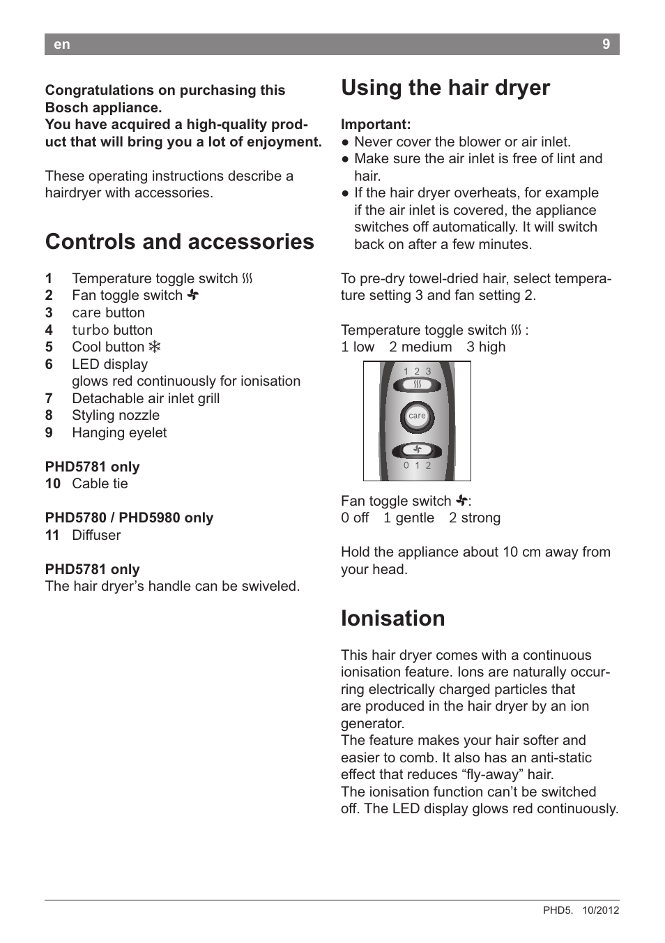 Congratulations on purchasing this bosch appliance, Controls and accessories, Using the hair dryer | Important, Phd5781 only, Phd5780 / phd5980 only, Ionisation, Controls and accessories using the hair dryer | Bosch PHD5781 Haartrockner BrilliantCare Business User Manual | Page 11 / 106