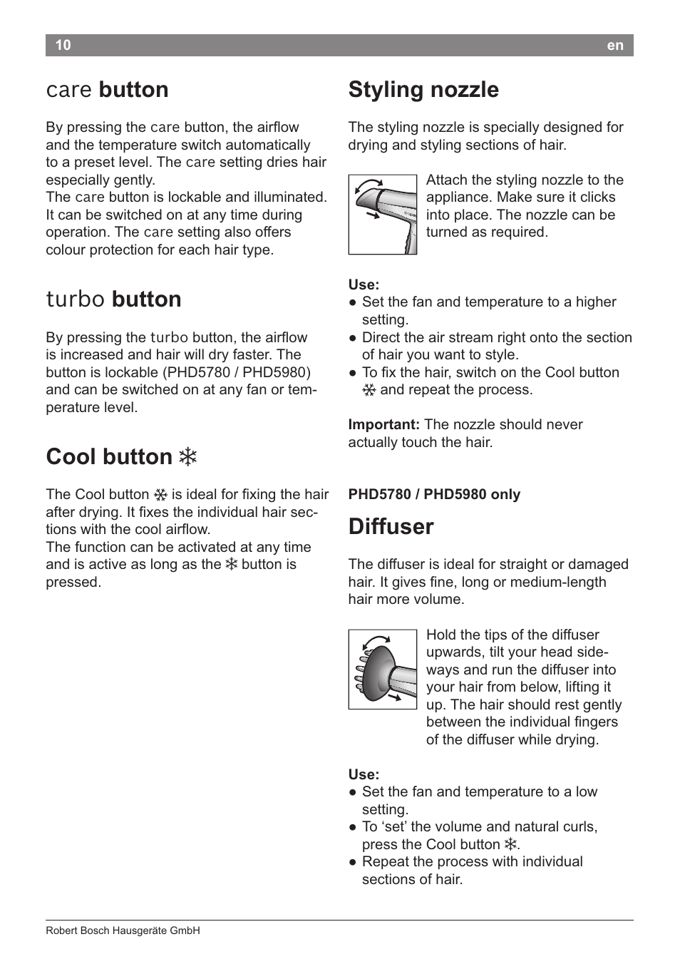 Turbo button, Cool button 3, Diffuser | Care button styling nozzle | Bosch PHD5781 Haartrockner BrilliantCare Business User Manual | Page 12 / 106