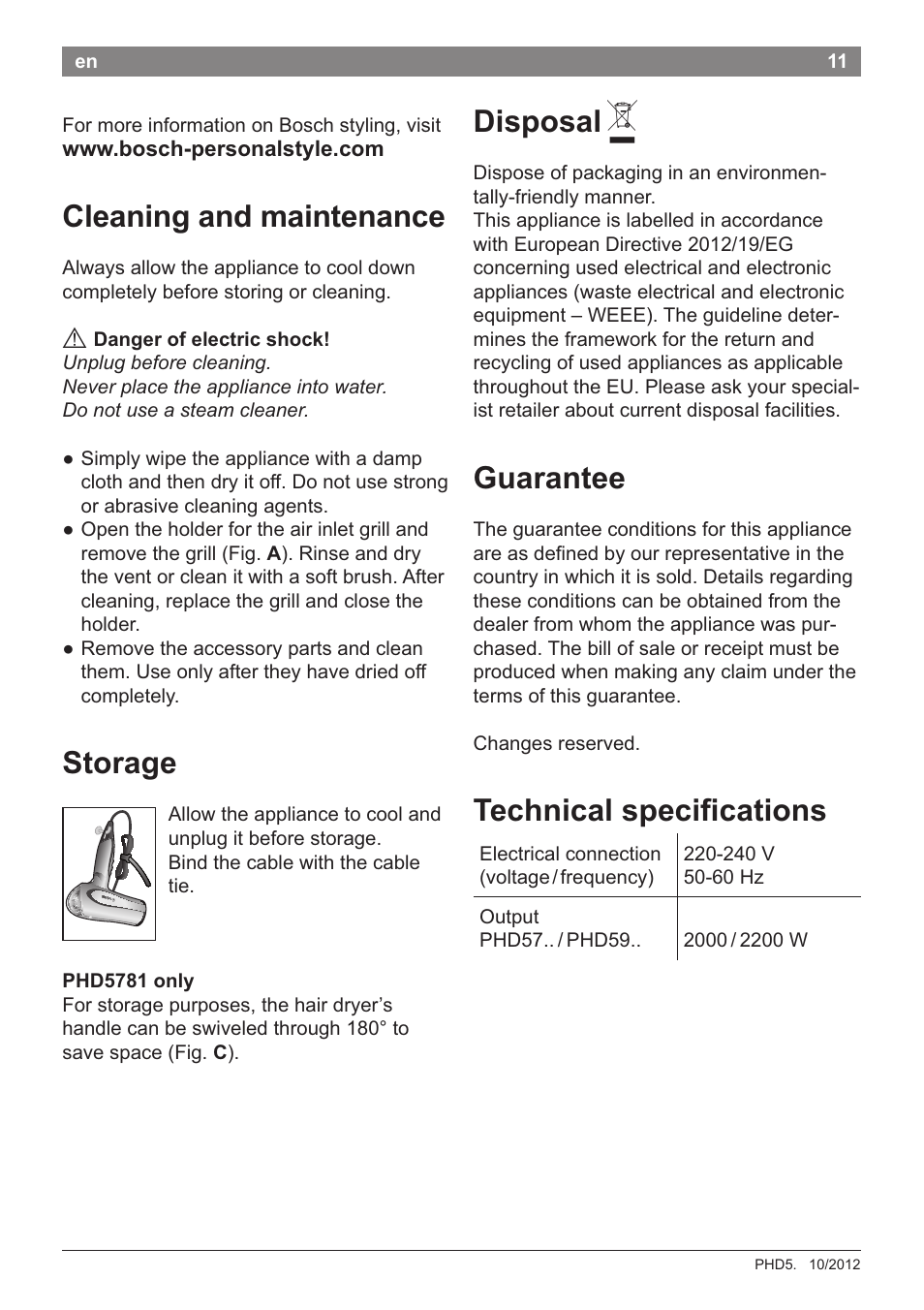 Cleaning and maintenance, A danger of electric shock, Disposal a | Storage, Phd5781 only, Guarantee, Technical speci^cations | Bosch PHD5781 Haartrockner BrilliantCare Business User Manual | Page 13 / 106