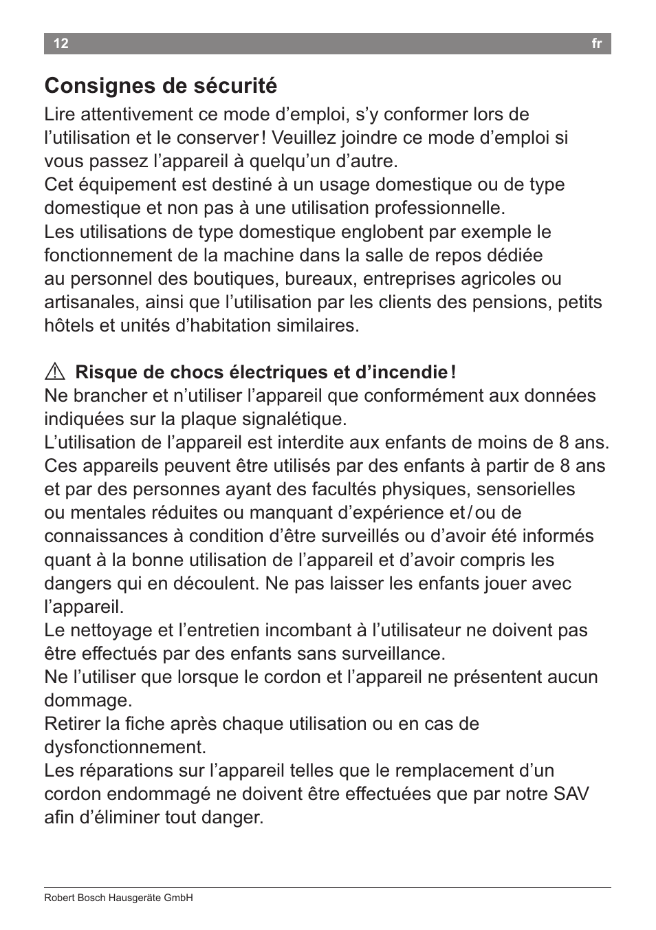 Consignes de sécurité | Bosch PHD5781 Haartrockner BrilliantCare Business User Manual | Page 14 / 106