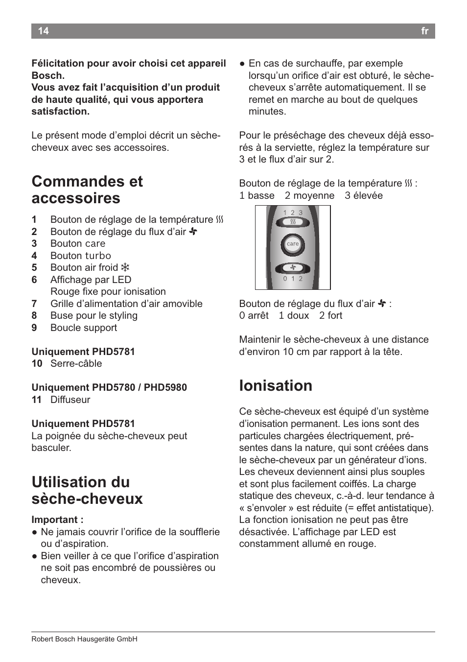 Félicitation pour avoir choisi cet appareil bosch, Commandes et accessoires, Utilisation du | Sèche-cheveux, Important, Ionisation, Utilisation du sèche-cheveux | Bosch PHD5781 Haartrockner BrilliantCare Business User Manual | Page 16 / 106