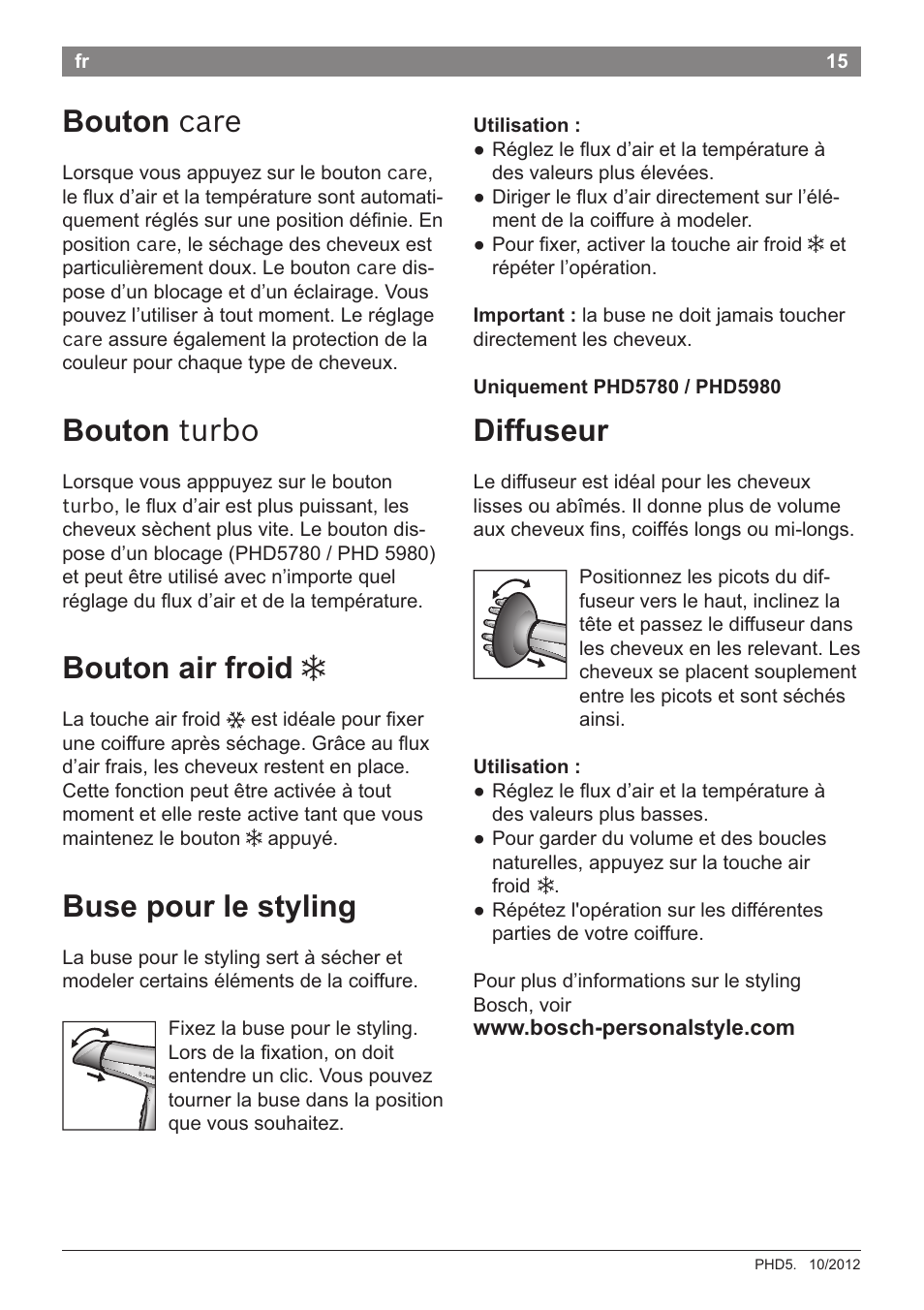 Bouton care, Bouton turbo, Diffuseur | Bouton air froid 3, Buse pour le styling | Bosch PHD5781 Haartrockner BrilliantCare Business User Manual | Page 17 / 106