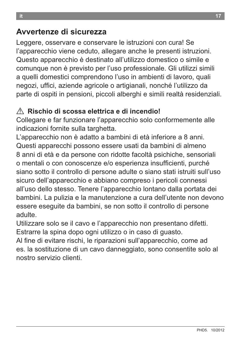 Avvertenze di sicurezza | Bosch PHD5781 Haartrockner BrilliantCare Business User Manual | Page 19 / 106