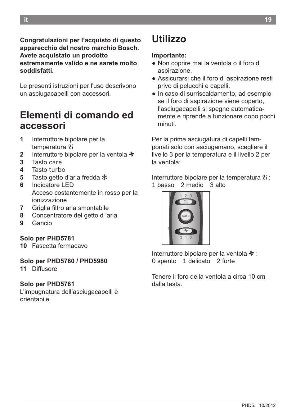 Elementi di comando ed accessori, Solo per phd5781, Solo per phd5780 / phd5980 | Utilizzo, Importante | Bosch PHD5781 Haartrockner BrilliantCare Business User Manual | Page 21 / 106