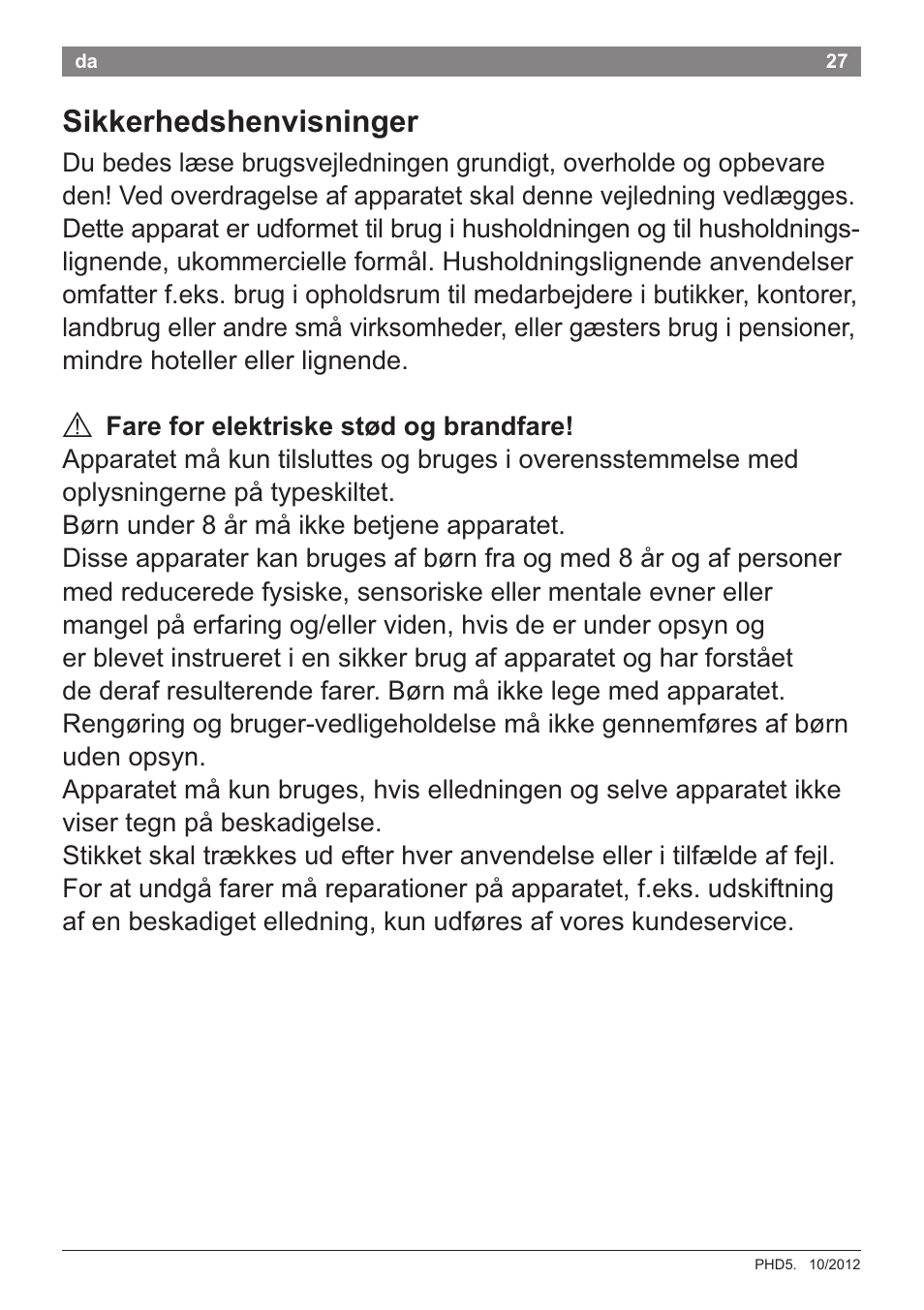 Sikkerhedshenvisninger | Bosch PHD5781 Haartrockner BrilliantCare Business User Manual | Page 29 / 106