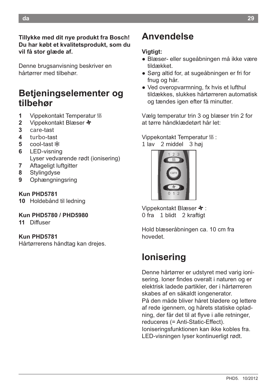 Betjeningselementer og tilbehor, Anvendelse, Vigtigt | Ionisering | Bosch PHD5781 Haartrockner BrilliantCare Business User Manual | Page 31 / 106