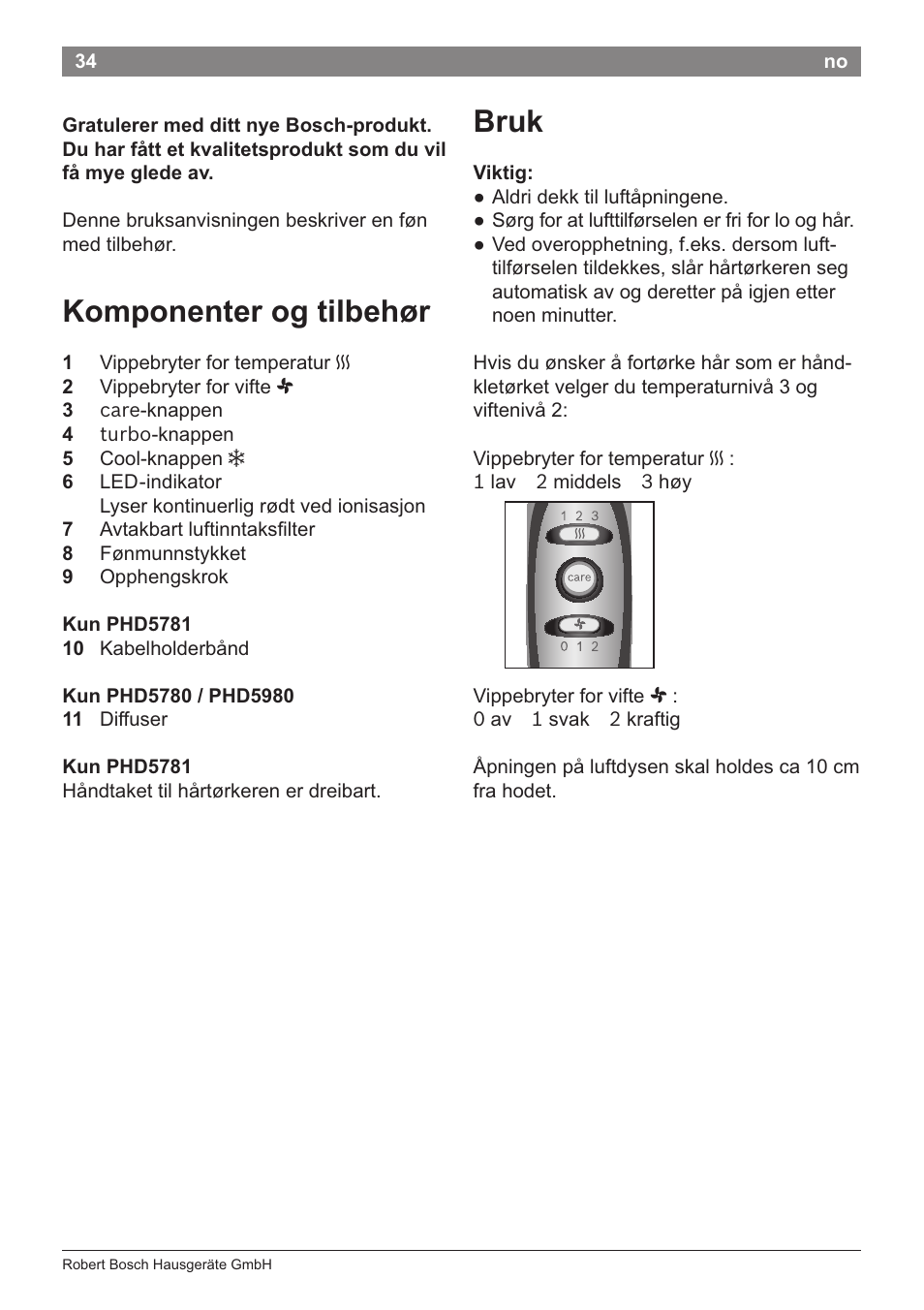 Komponenter og tilbehor, Bruk, Viktig | Bosch PHD5781 Haartrockner BrilliantCare Business User Manual | Page 36 / 106