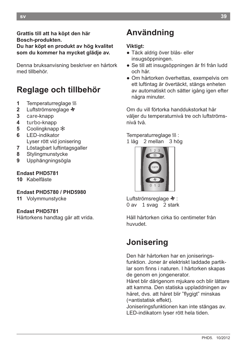 Grattis till att ha kopt den hâr bosch-produkten, Reglage och tillbehor, Anvândning | Viktigt, Jonisering | Bosch PHD5781 Haartrockner BrilliantCare Business User Manual | Page 41 / 106