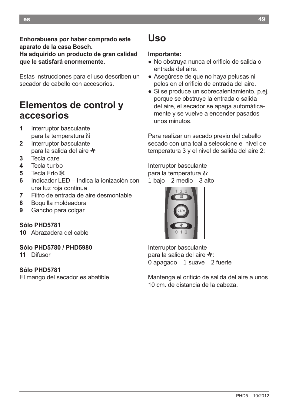 Elementos de control y accesorios, Importante | Bosch PHD5781 Haartrockner BrilliantCare Business User Manual | Page 51 / 106