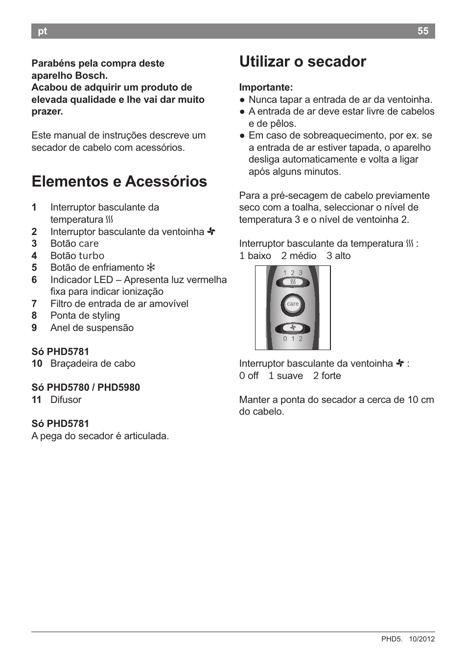 Parabéns pela compra deste aparelho bosch, Elementos e acessórios, Utilizar o secador | Importante | Bosch PHD5781 Haartrockner BrilliantCare Business User Manual | Page 57 / 106