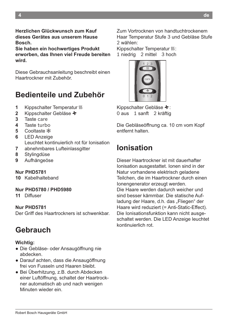 Bedienteile und zubehör, Gebrauch, Ionisation | Wichtig | Bosch PHD5781 Haartrockner BrilliantCare Business User Manual | Page 6 / 106
