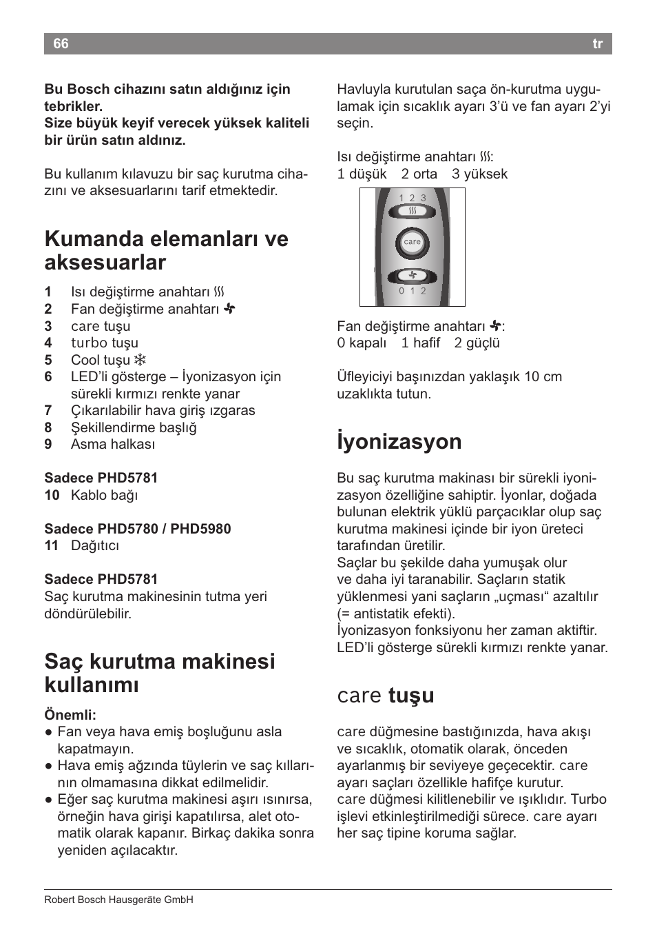 Bu bosch cihazini satin aldiginiz igin tebrikier, Kumanda elemanlari ve aksesuarlar, Sag kurutma makinesi kullanimi | Yonizasyon, Care tu§u | Bosch PHD5781 Haartrockner BrilliantCare Business User Manual | Page 68 / 106