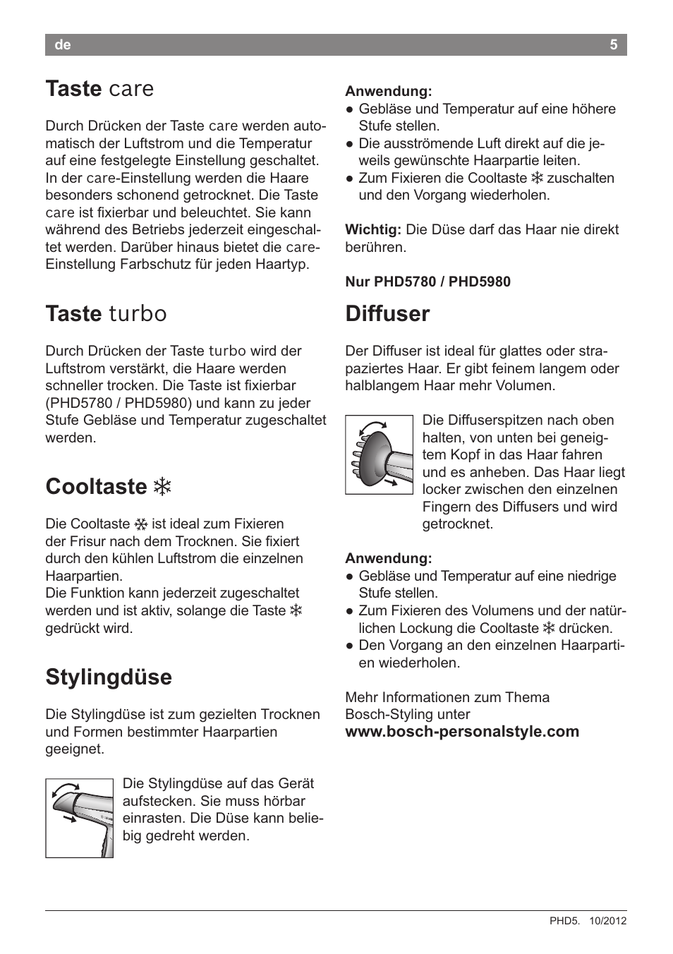 Taste care, Anwendung, Nurphd5780/phd5980 | Diffuser, Cooltaste 3, Stylingdüse, Taste turbo | Bosch PHD5781 Haartrockner BrilliantCare Business User Manual | Page 7 / 106