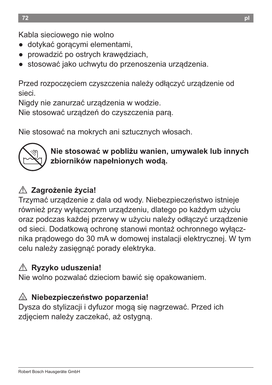 A ryzyko uduszenia, A niebezpieczenstwo poparzenia | Bosch PHD5781 Haartrockner BrilliantCare Business User Manual | Page 74 / 106
