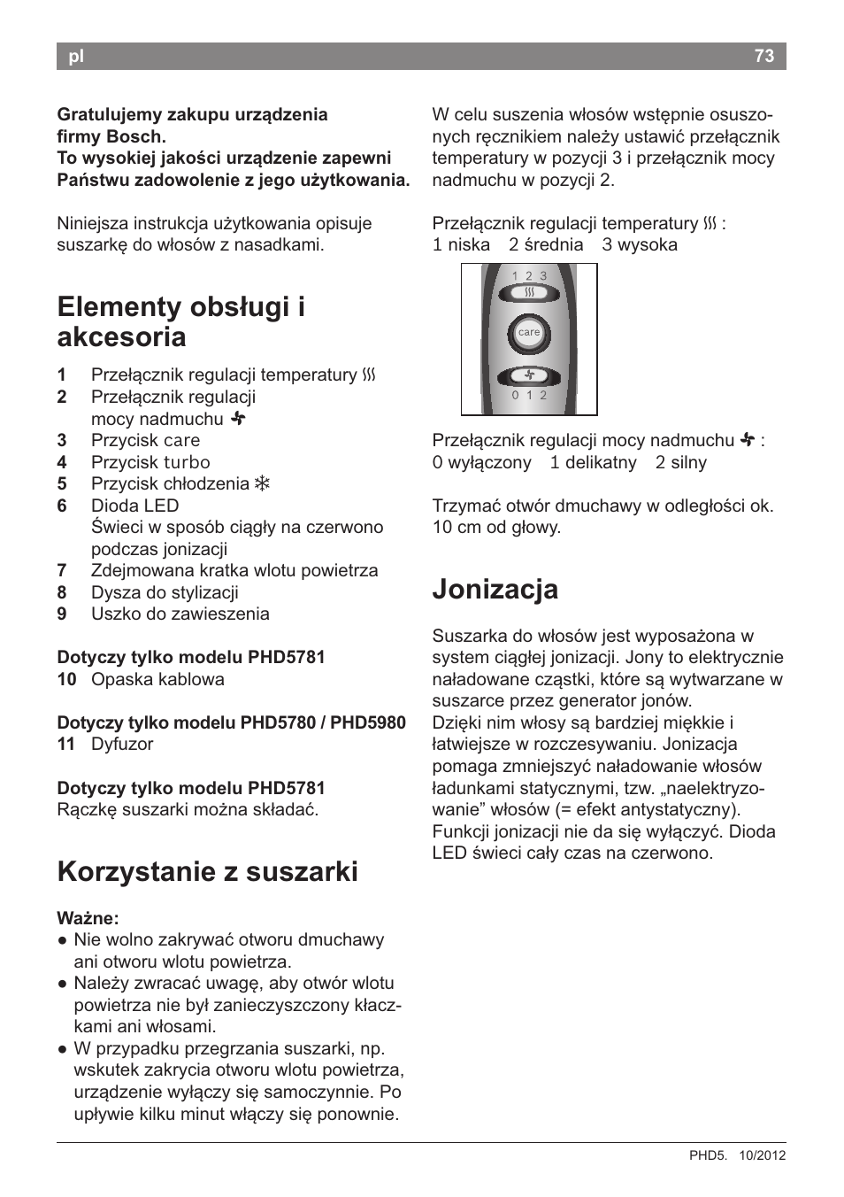 Gratulujemy zakupu urz^dzenia fìrmy bosch, Elementy obstugi i akcesoria, Dotyczy tylko modelu phd5781 | Dotyczy tylko modelu phd5780 / phd5980, Korzystanie z suszarki, Wazne, Jonizacja | Bosch PHD5781 Haartrockner BrilliantCare Business User Manual | Page 75 / 106