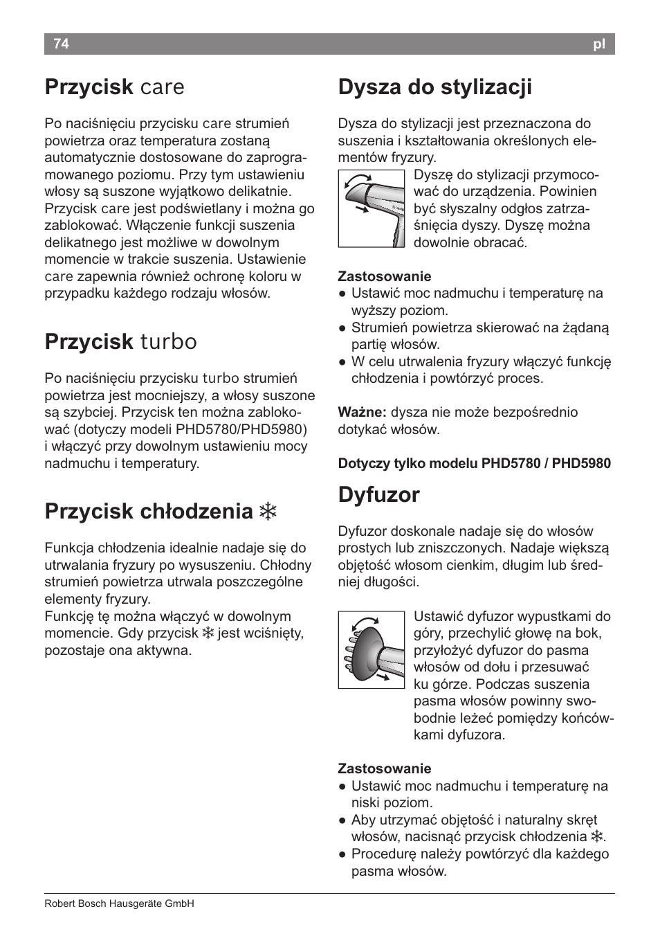 Dysza do stylizacji, Przycisk turbo, Przycisk chtodzenia 3 | Zastosowanie, Dotyczy tylko modelu phd5780 / phd5980, Dyfuzor, Przycisk care dysza do stylizacji | Bosch PHD5781 Haartrockner BrilliantCare Business User Manual | Page 76 / 106