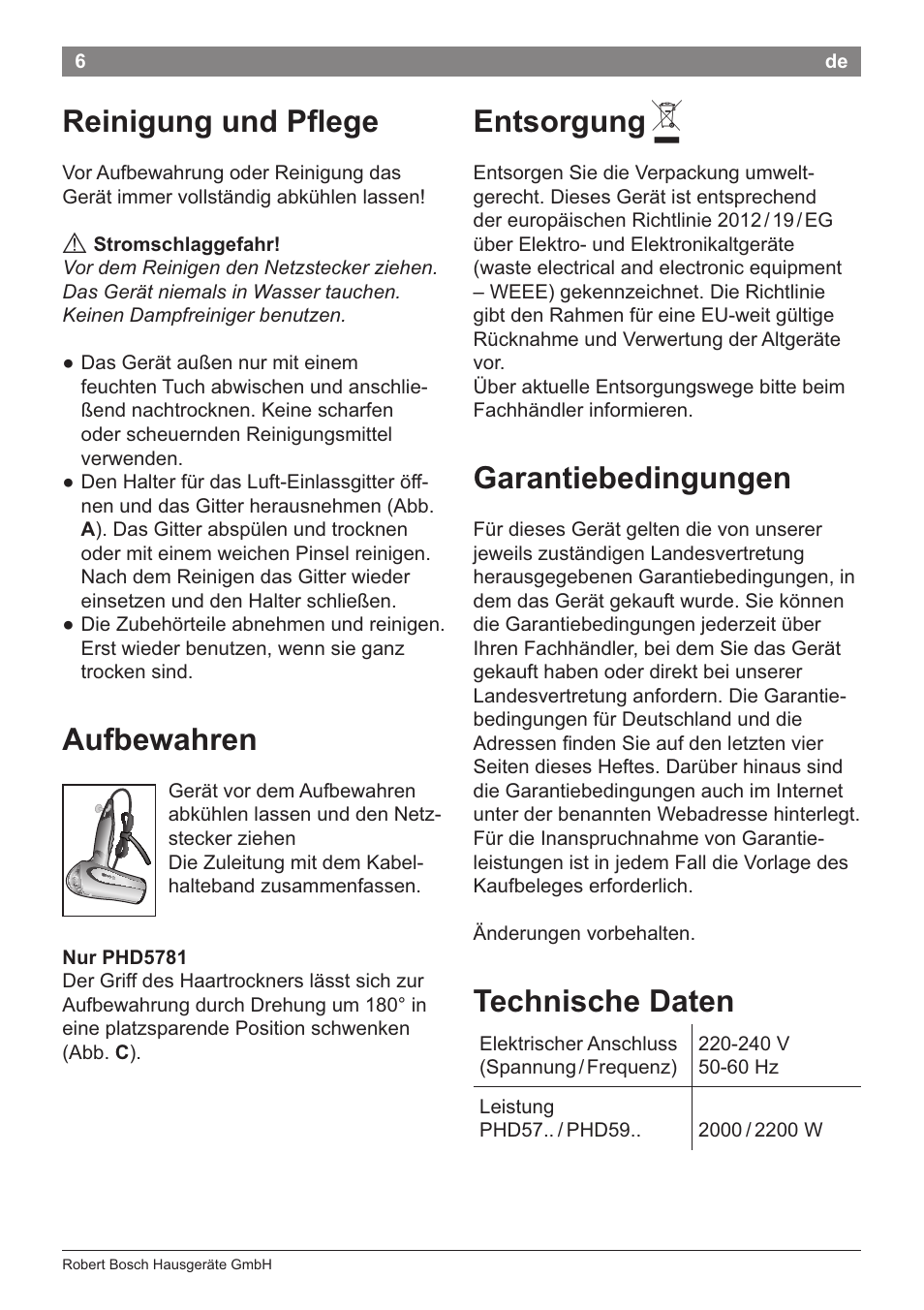 Reinigungundp^ege entsorgung a, A stromschlaggefahr, Aufbewahren | Nurphd5781, Garantiebedingungen, Technische daten | Bosch PHD5781 Haartrockner BrilliantCare Business User Manual | Page 8 / 106