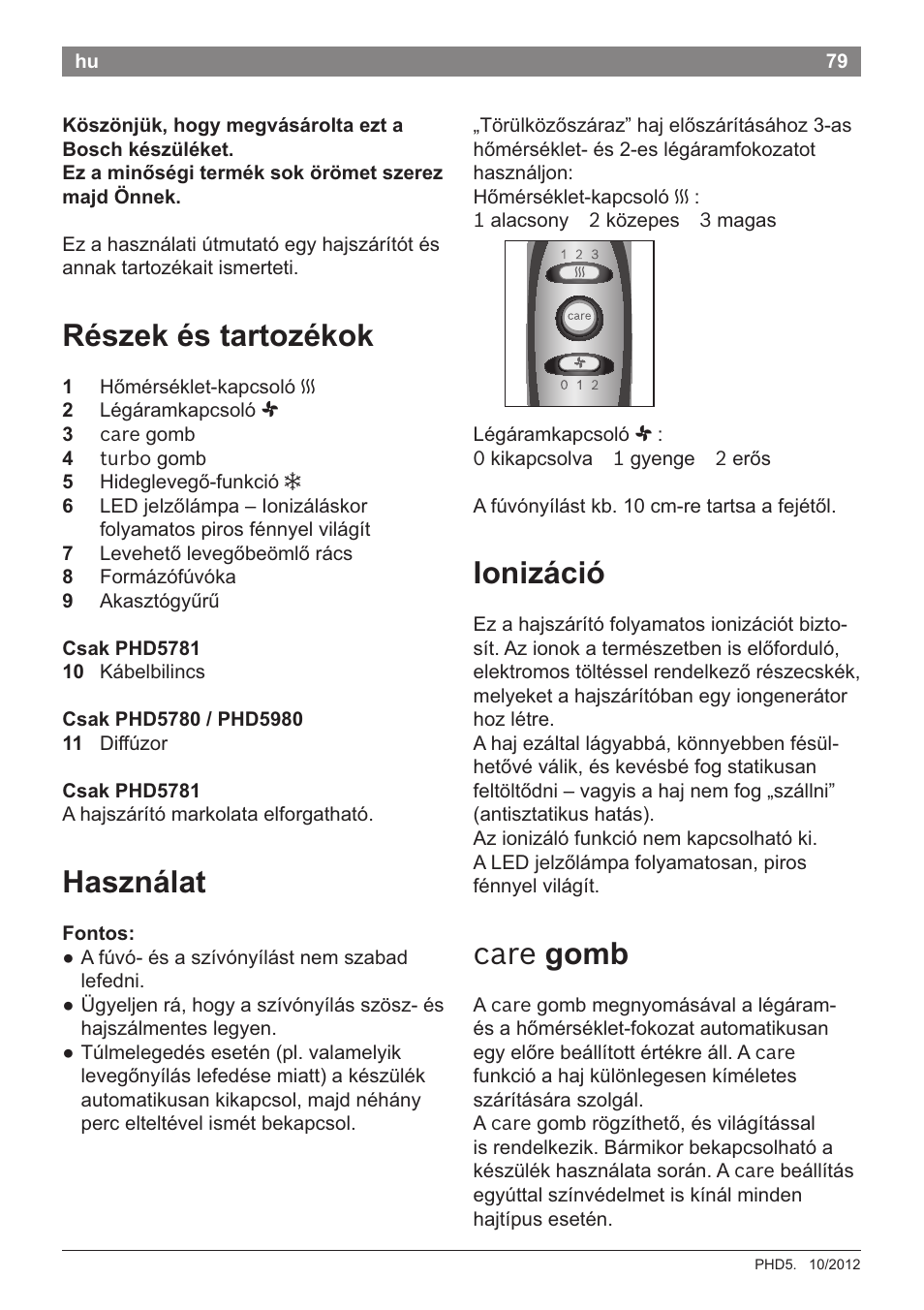 Részek és tartozékok, Használat, Lonizáció | Fontos, Care gomb | Bosch PHD5781 Haartrockner BrilliantCare Business User Manual | Page 81 / 106