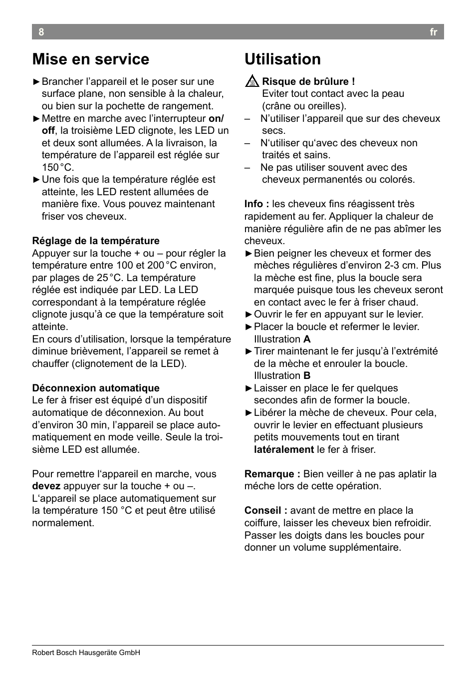 Mise en service, Utilisation | Bosch PHC2500 Lockenstab ProSalon Home User Manual | Page 10 / 54