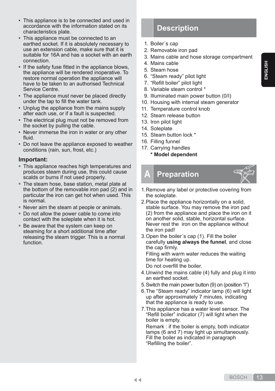 A. preparation, Description, Preparation | Bosch TDS1624000 weiß Flieder Dampfstation Sensixx B10L User Manual | Page 13 / 122
