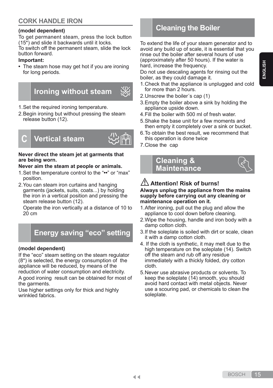 Cork handle iron, Ironing without steam, C. vertical steam | Energy saving “eco” setting, Cleaning the boiler, Cleaning & maintenance, Vertical steam | Bosch TDS1624000 weiß Flieder Dampfstation Sensixx B10L User Manual | Page 15 / 122