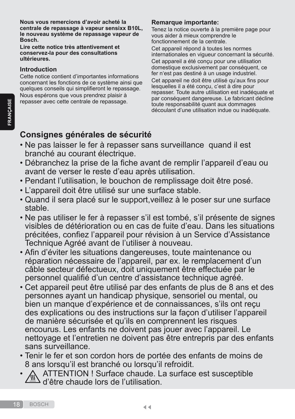 Française, Consignes générales de sécurité | Bosch TDS1624000 weiß Flieder Dampfstation Sensixx B10L User Manual | Page 18 / 122