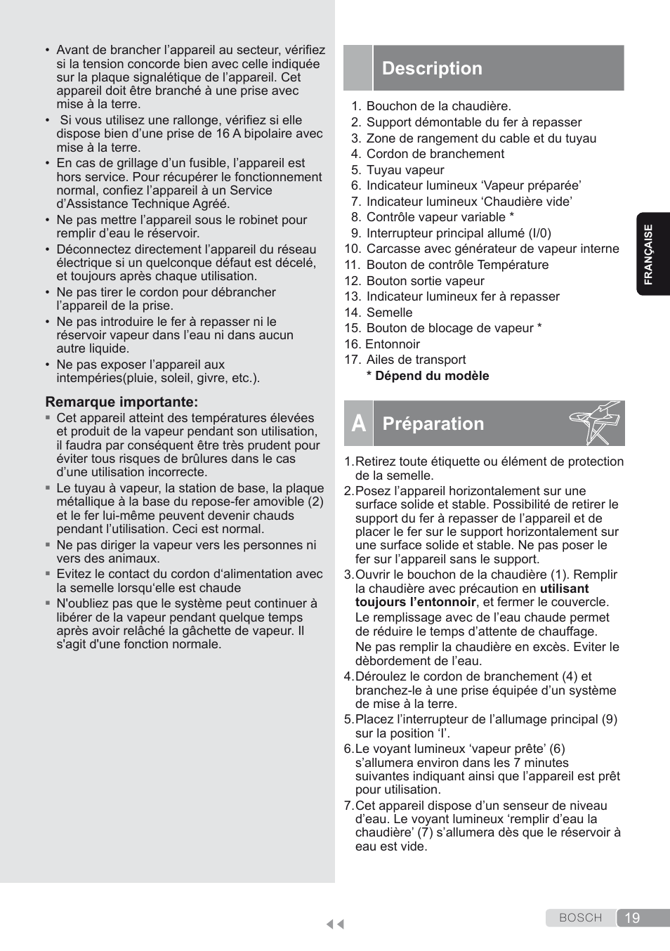 Description, A. préparation, Préparation | Bosch TDS1624000 weiß Flieder Dampfstation Sensixx B10L User Manual | Page 19 / 122