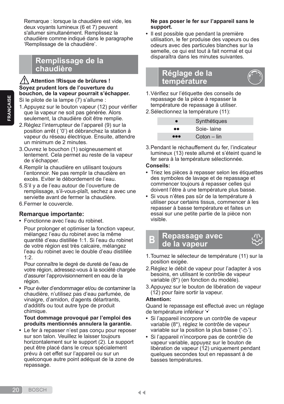 Remplissage de la chaudière, Réglage de la température, B. repassage avec de la vapeur | Repassage avec de la vapeur | Bosch TDS1624000 weiß Flieder Dampfstation Sensixx B10L User Manual | Page 20 / 122