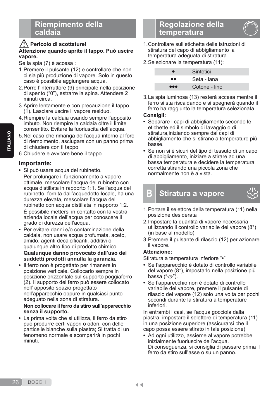 Riempimento della caldaia, Regolazione della temperatura, B. stiratura a vapore | Stiratura a vapore | Bosch TDS1624000 weiß Flieder Dampfstation Sensixx B10L User Manual | Page 26 / 122