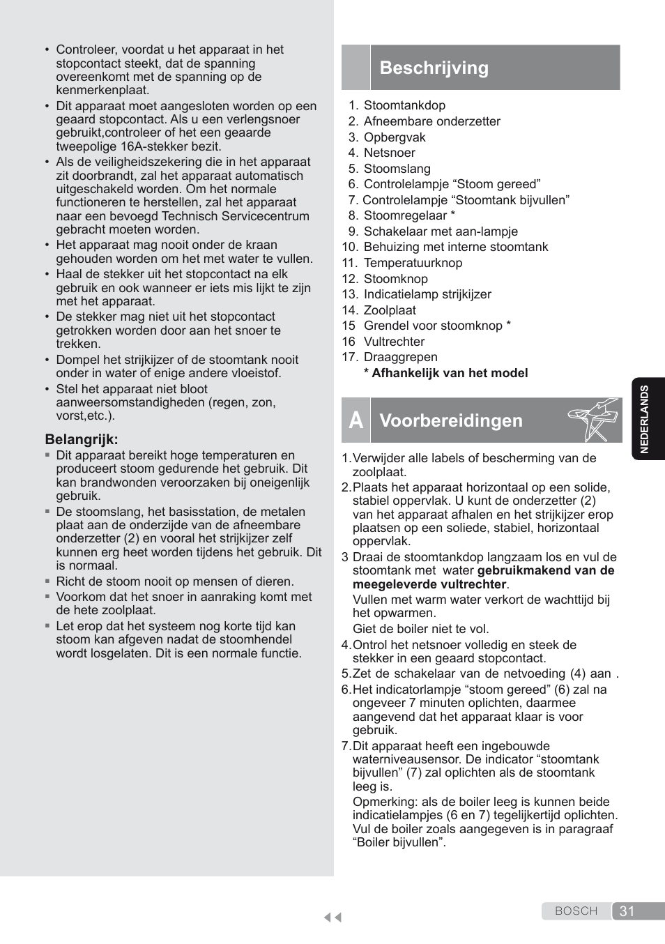 Beschrijving, A. voorbereidingen, Voorbereidingen | Bosch TDS1624000 weiß Flieder Dampfstation Sensixx B10L User Manual | Page 31 / 122