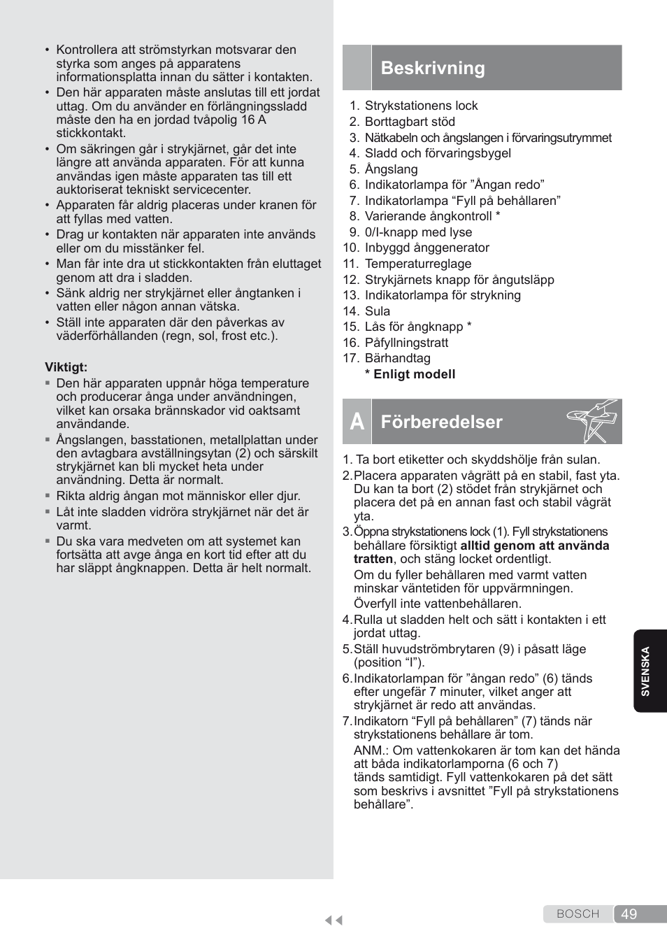 Beskrivning, A. förberedelser, Förberedelser | Bosch TDS1624000 weiß Flieder Dampfstation Sensixx B10L User Manual | Page 49 / 122