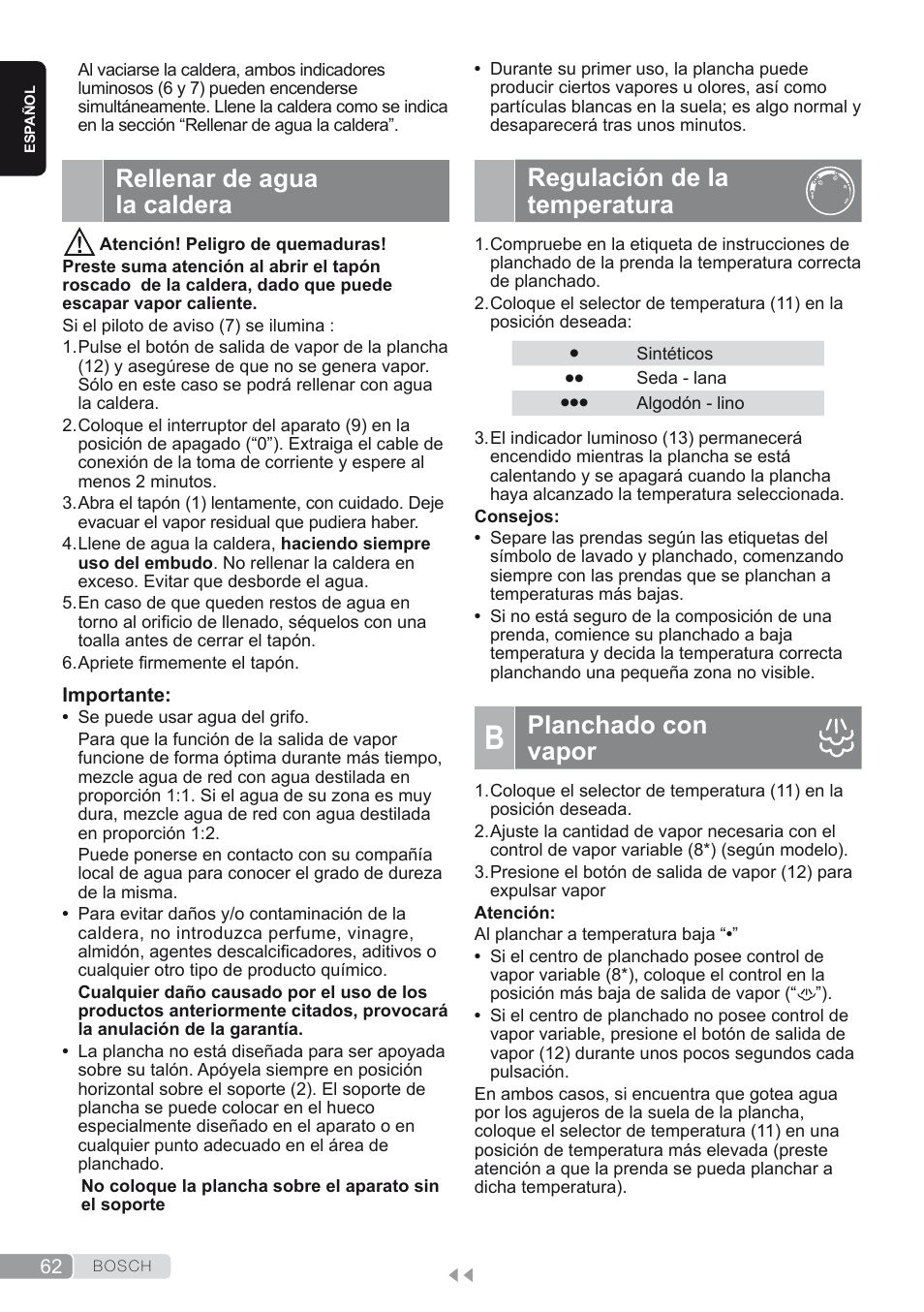 Rellenar de agua la caldera, Regulación de la temperatura, B. planchado con vapor | Planchado con vapor | Bosch TDS1624000 weiß Flieder Dampfstation Sensixx B10L User Manual | Page 62 / 122