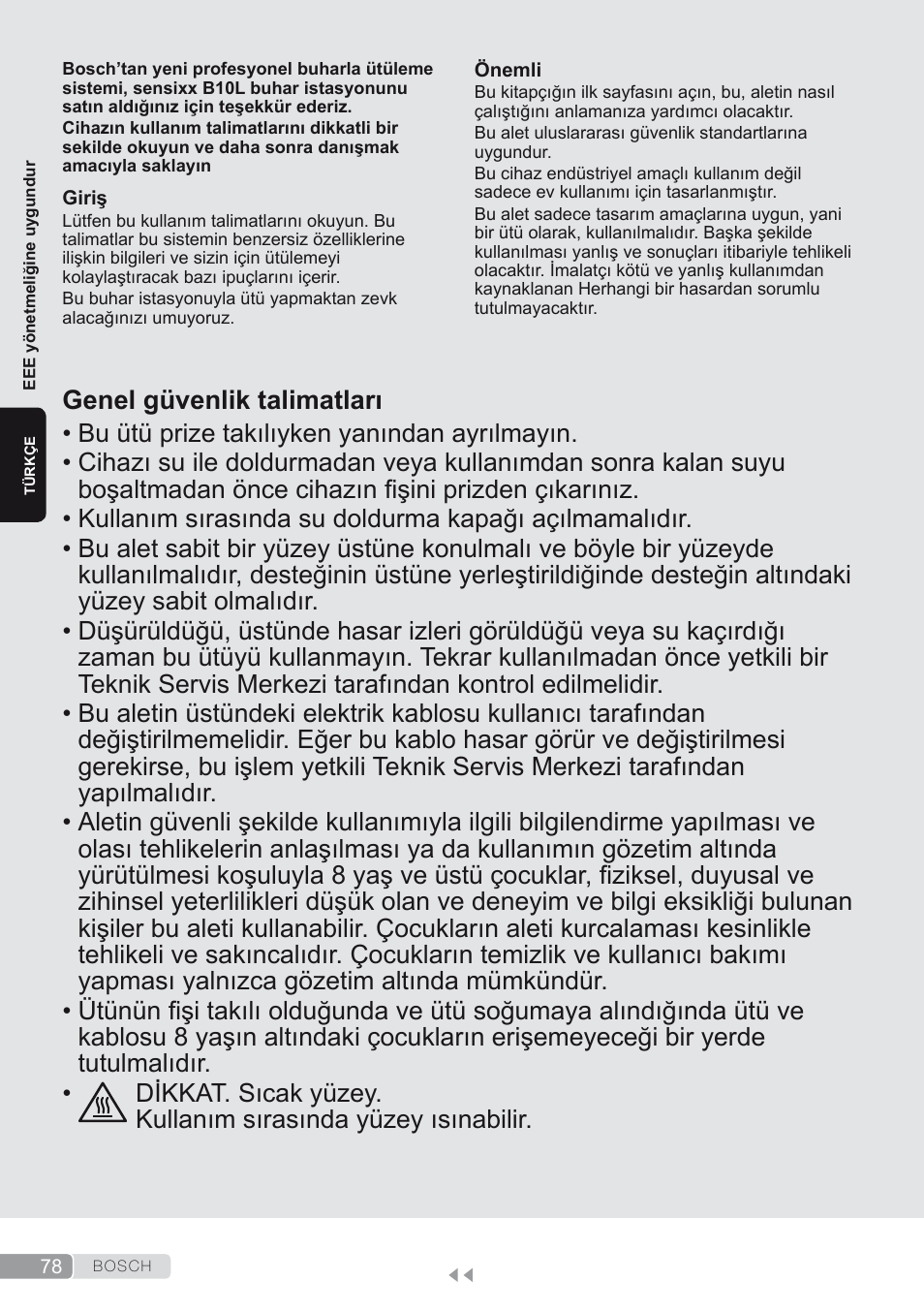 Türkçe, Genel güvenlik talimatları | Bosch TDS1624000 weiß Flieder Dampfstation Sensixx B10L User Manual | Page 78 / 122
