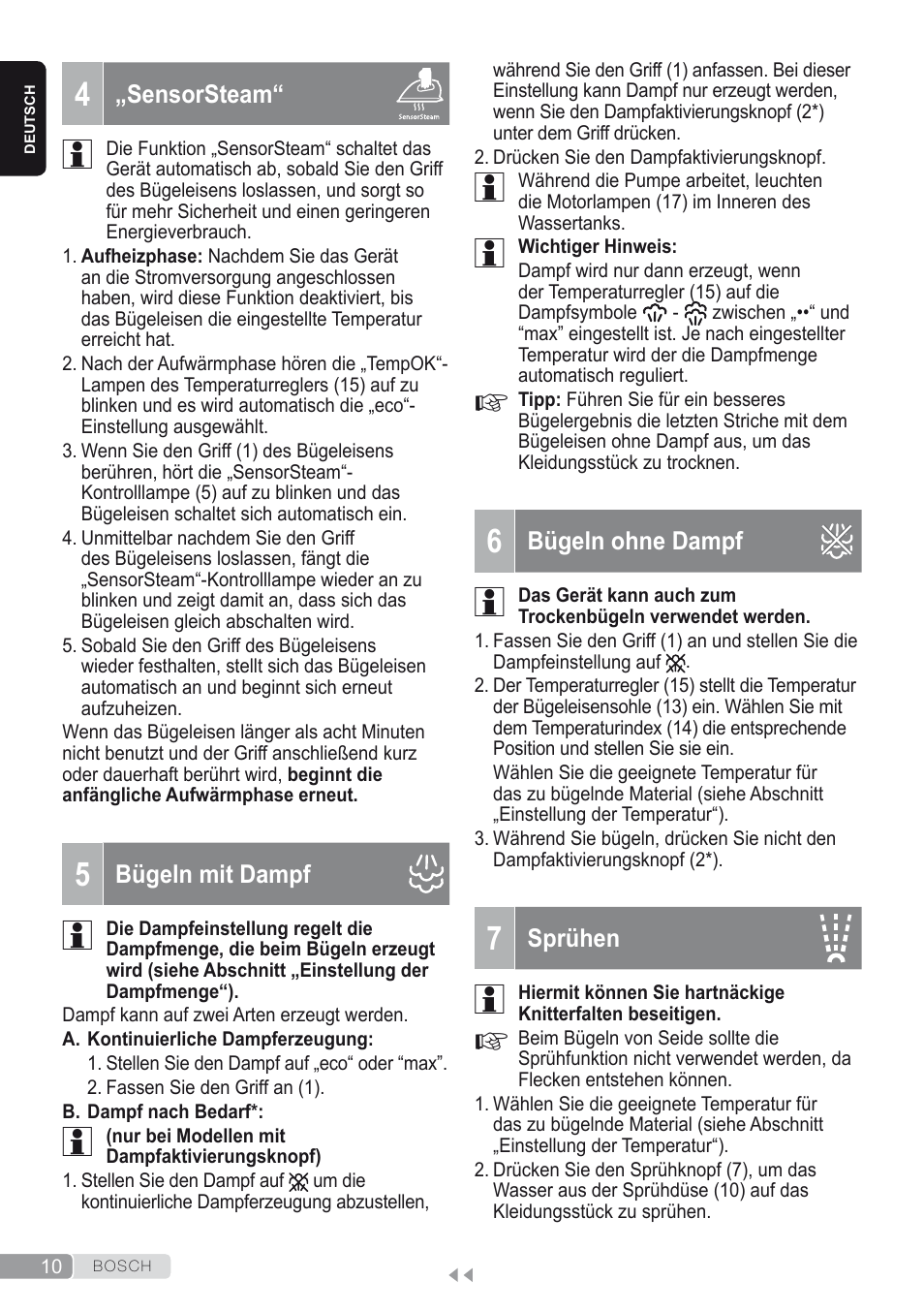 4 „sensorsteam, 5 bügeln mit dampf, 6 bügeln ohne dampf | 7 sprühen | Bosch Kompakt-Dampfgenerator Sensixx´x DI90 AntiShine TDI902836A magic night blue weiß User Manual | Page 10 / 188