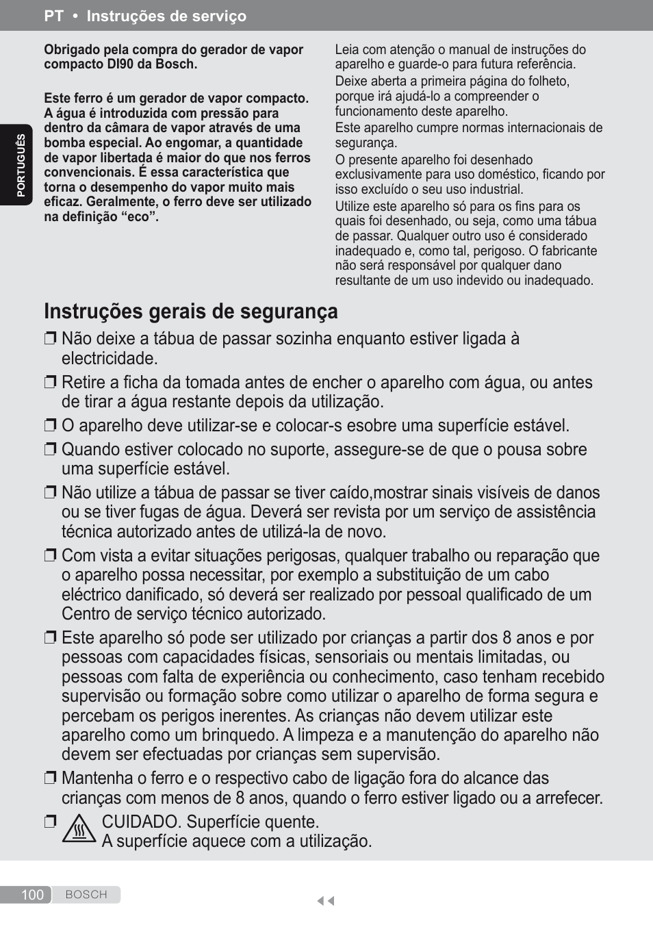 Português, Instruções gerais de segurança | Bosch Kompakt-Dampfgenerator Sensixx´x DI90 AntiShine TDI902836A magic night blue weiß User Manual | Page 100 / 188