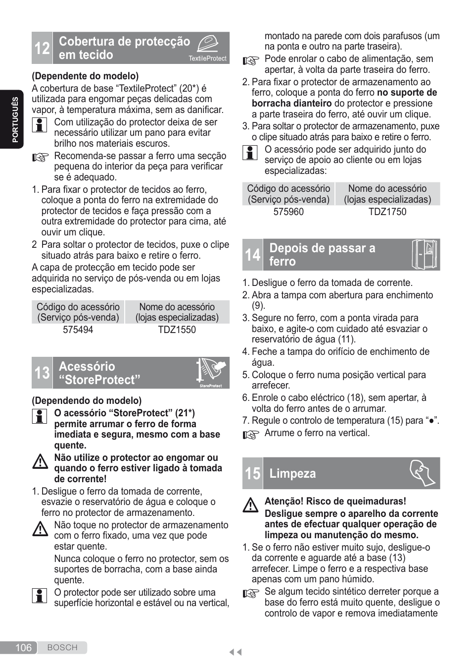 12 cobertura de protecção em tecido, 13 acessório “storeprotect, 14 depois de passar a ferro | 15 limpeza | Bosch Kompakt-Dampfgenerator Sensixx´x DI90 AntiShine TDI902836A magic night blue weiß User Manual | Page 106 / 188