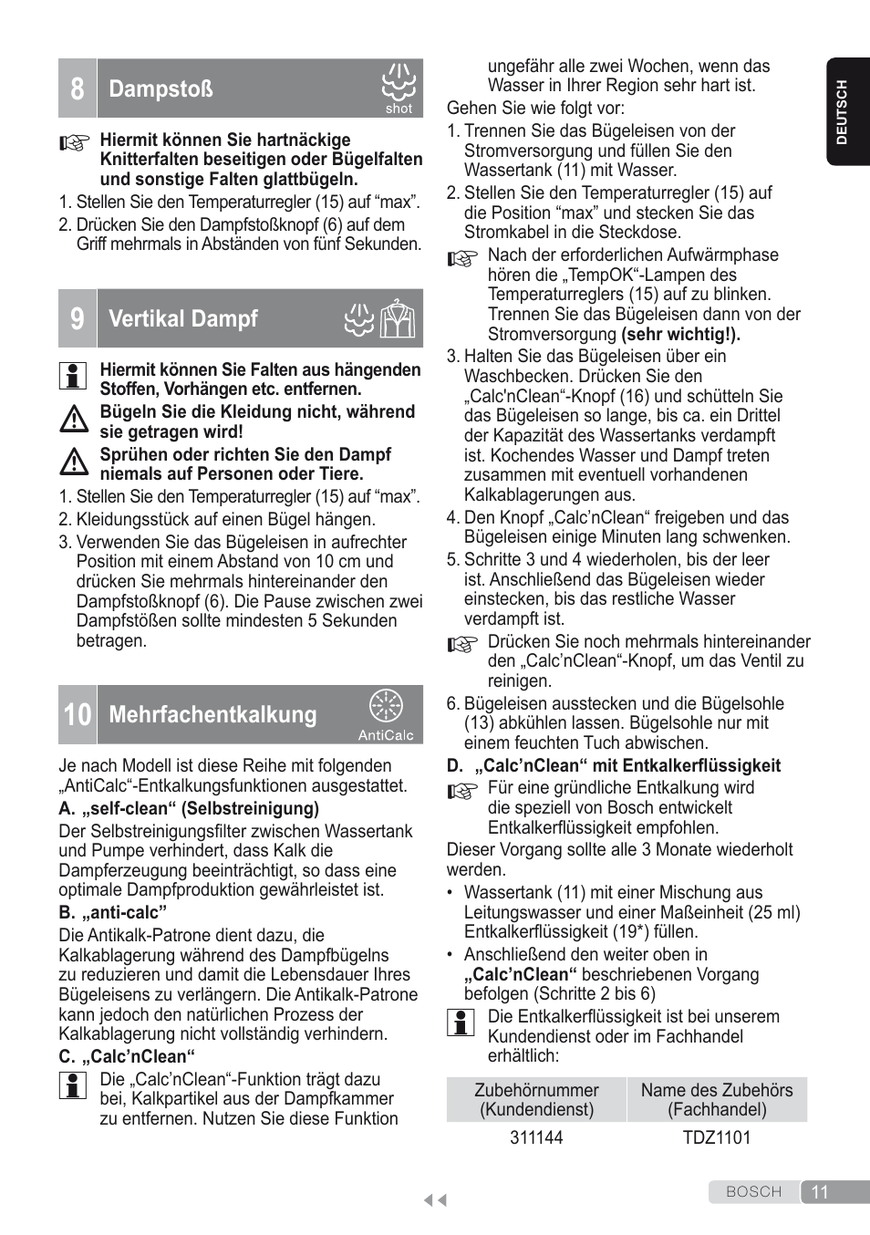 8 dampstoß, 9 vertikal dampf, 10 mehrfachentkalkung | Bosch Kompakt-Dampfgenerator Sensixx´x DI90 AntiShine TDI902836A magic night blue weiß User Manual | Page 11 / 188