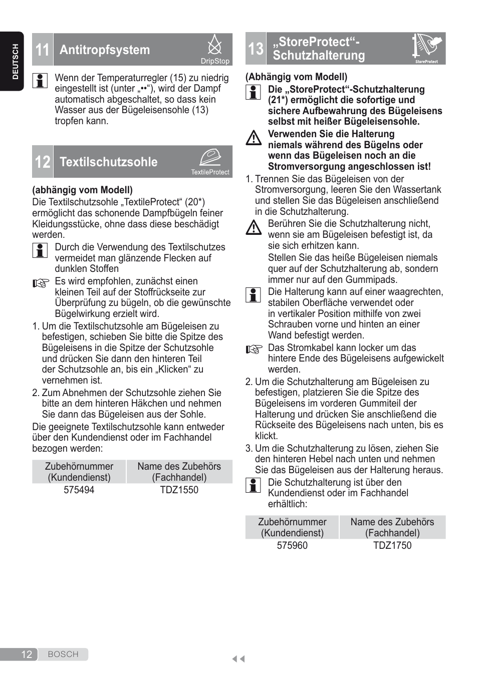 11 antitropfsystem, 12 textilschutzsohle, 13 „storeprotect“-schutzhalterung | Bosch Kompakt-Dampfgenerator Sensixx´x DI90 AntiShine TDI902836A magic night blue weiß User Manual | Page 12 / 188
