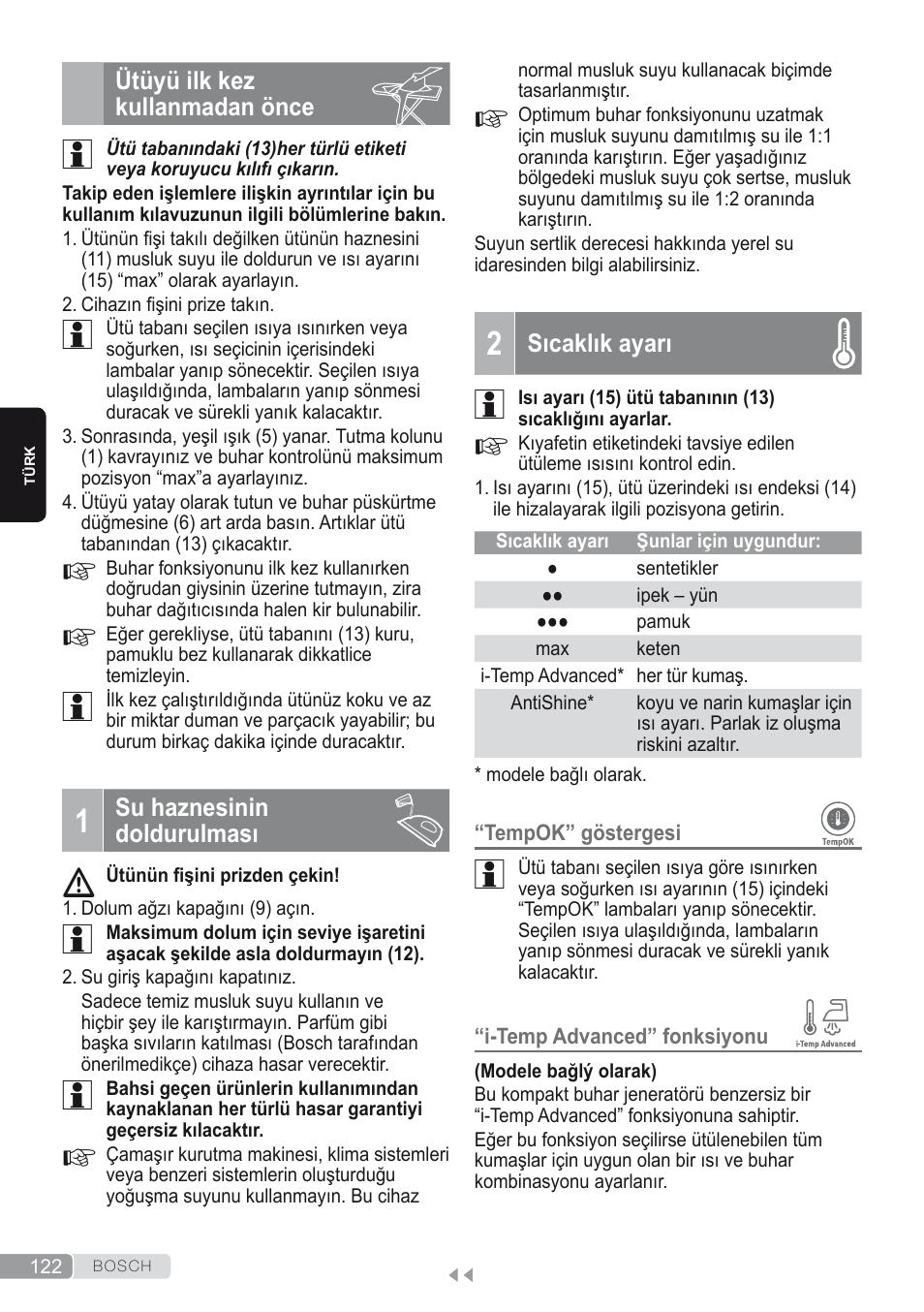 Ütüyü ilk kez kullanmadan önce, 1 su haznesinin doldurulması, 2 sıcaklık ayarı | Bosch Kompakt-Dampfgenerator Sensixx´x DI90 AntiShine TDI902836A magic night blue weiß User Manual | Page 122 / 188