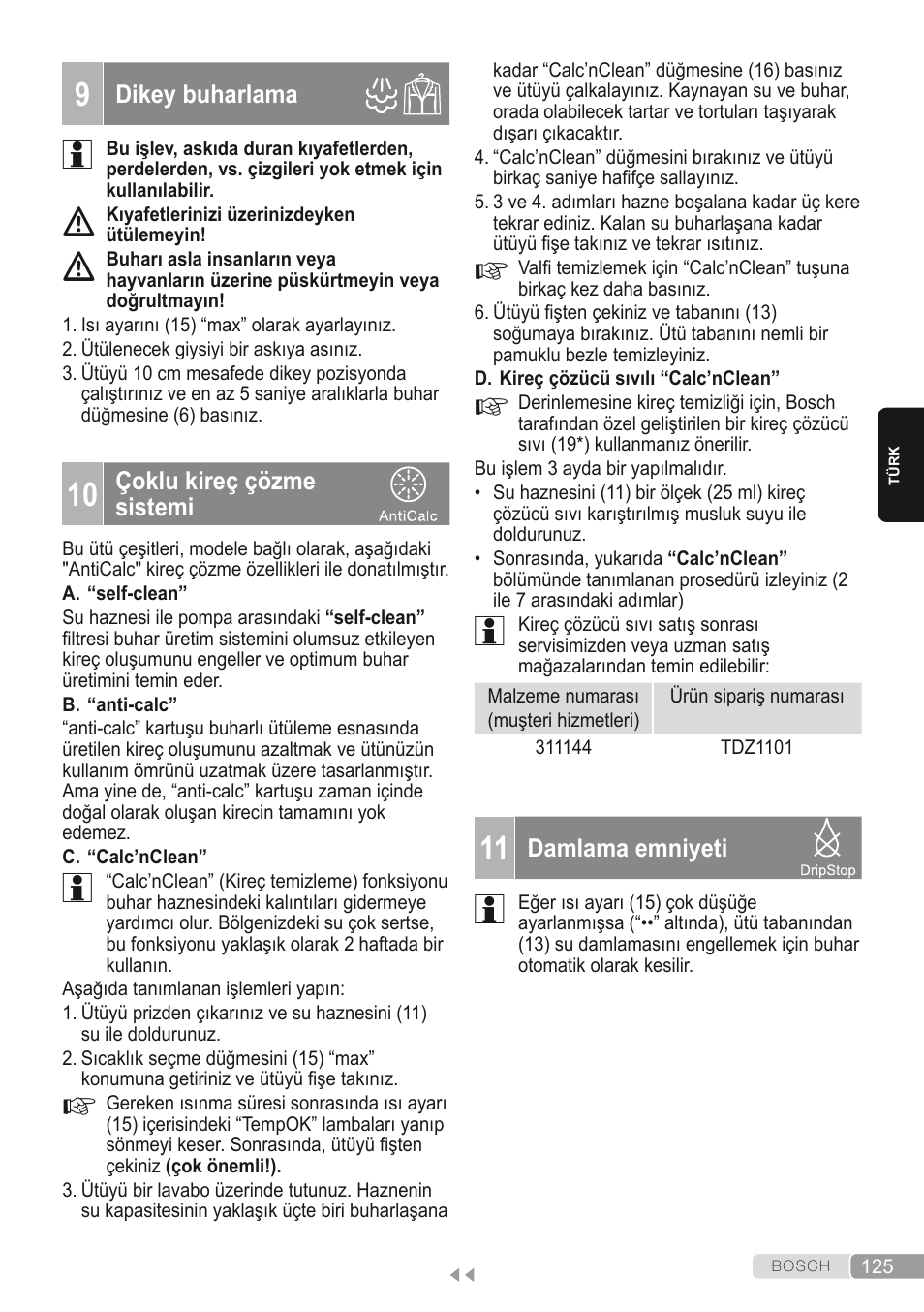 9 dikey buharlama, 10 çoklu kireç çözme sistemi, 11 damlama emniyeti | Bosch Kompakt-Dampfgenerator Sensixx´x DI90 AntiShine TDI902836A magic night blue weiß User Manual | Page 125 / 188
