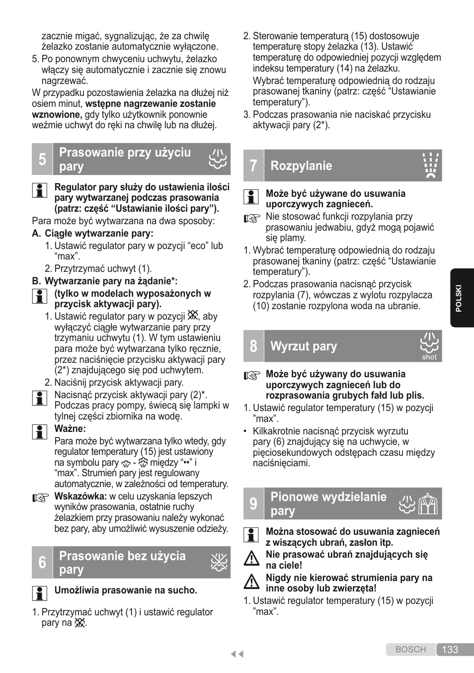 5 prasowanie przy użyciu pary, 6 prasowanie bez użyciapary, 7 rozpylanie | 8 wyrzut pary, 9 pionowe wydzielanie pary | Bosch Kompakt-Dampfgenerator Sensixx´x DI90 AntiShine TDI902836A magic night blue weiß User Manual | Page 133 / 188