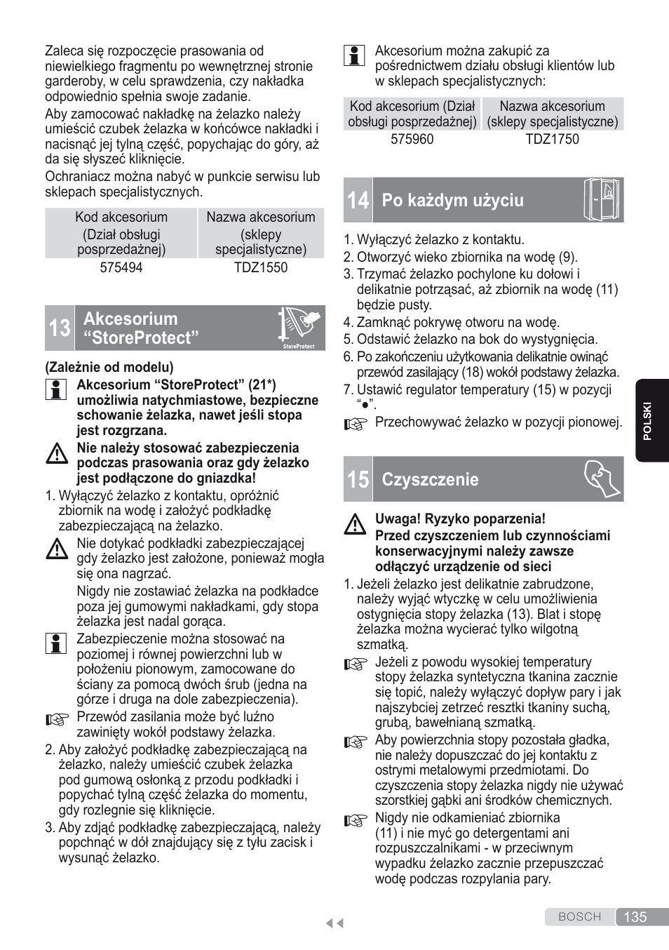 13 akcesorium “storeprotect, 14 po każdym użyciu, 15 czyszczenie | Bosch Kompakt-Dampfgenerator Sensixx´x DI90 AntiShine TDI902836A magic night blue weiß User Manual | Page 135 / 188