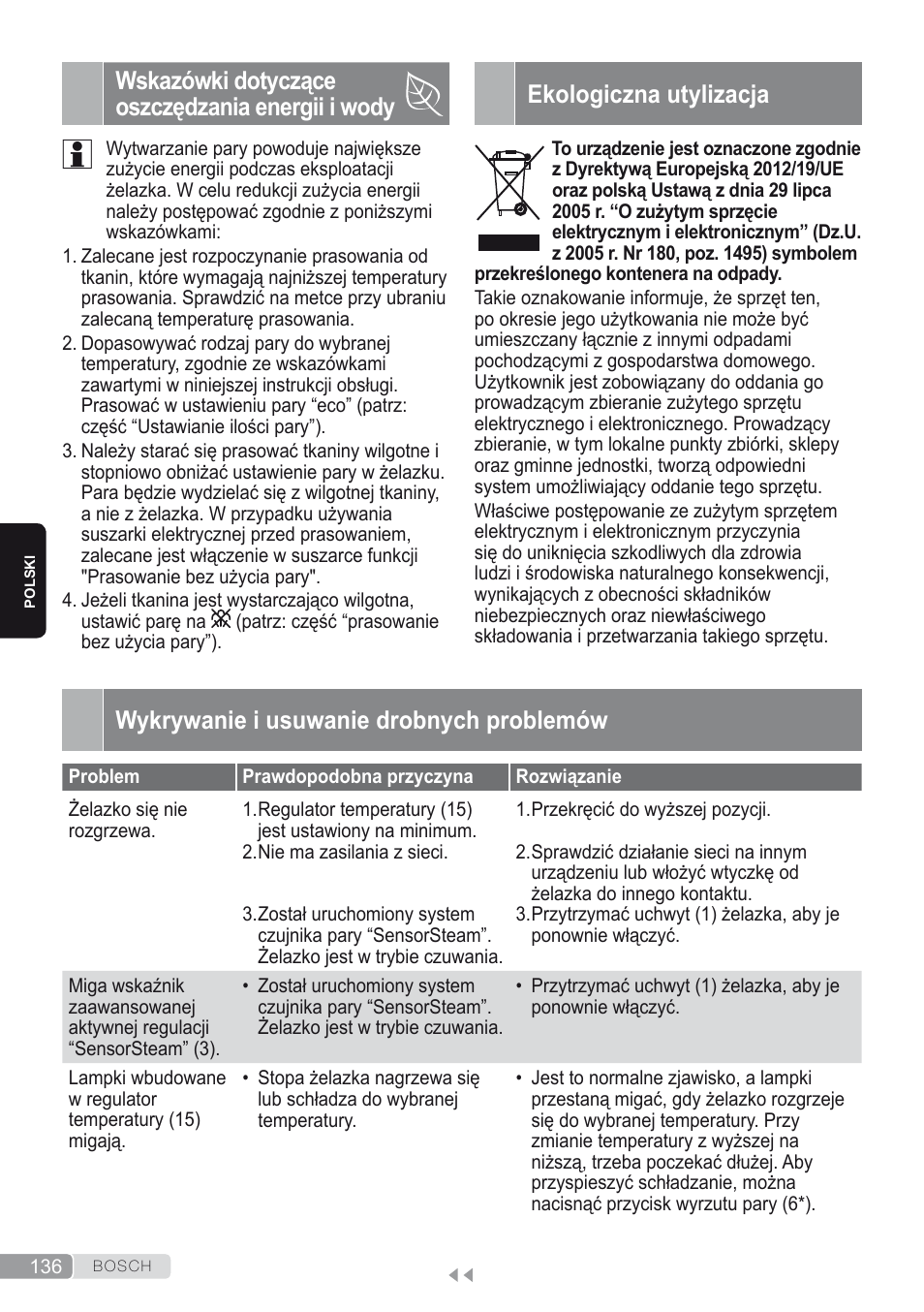 Wskazówki dotyczące oszczędzania energii i wody, Ekologiczna utylizacja, Wykrywanie i usuwanie drobnych problemów | Bosch Kompakt-Dampfgenerator Sensixx´x DI90 AntiShine TDI902836A magic night blue weiß User Manual | Page 136 / 188