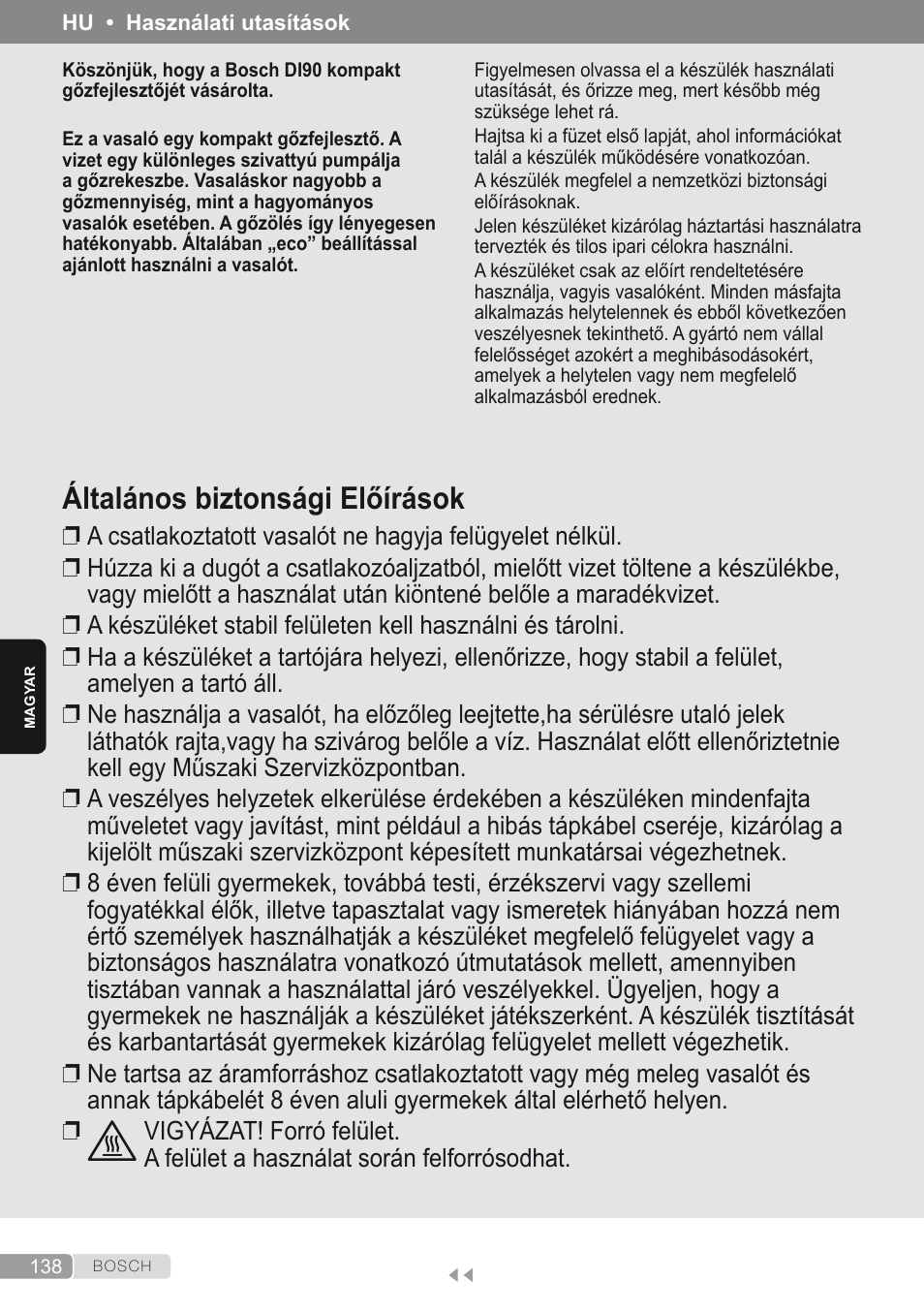 Magyar, Általános biztonsági előírások | Bosch Kompakt-Dampfgenerator Sensixx´x DI90 AntiShine TDI902836A magic night blue weiß User Manual | Page 138 / 188