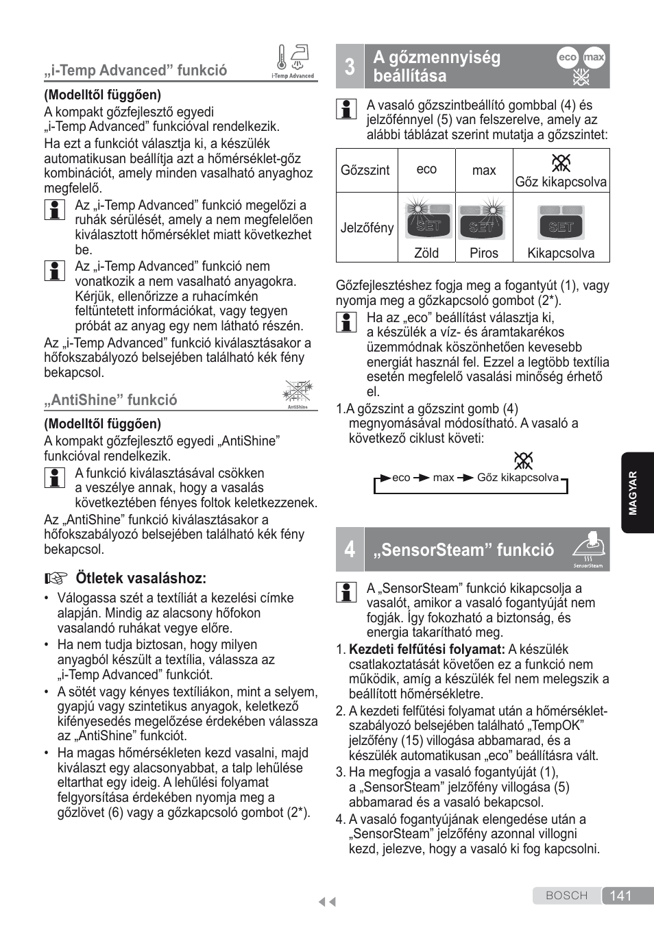3 a gőzmennyiség beállítása, 4 „sensorsteam” funkció | Bosch Kompakt-Dampfgenerator Sensixx´x DI90 AntiShine TDI902836A magic night blue weiß User Manual | Page 141 / 188