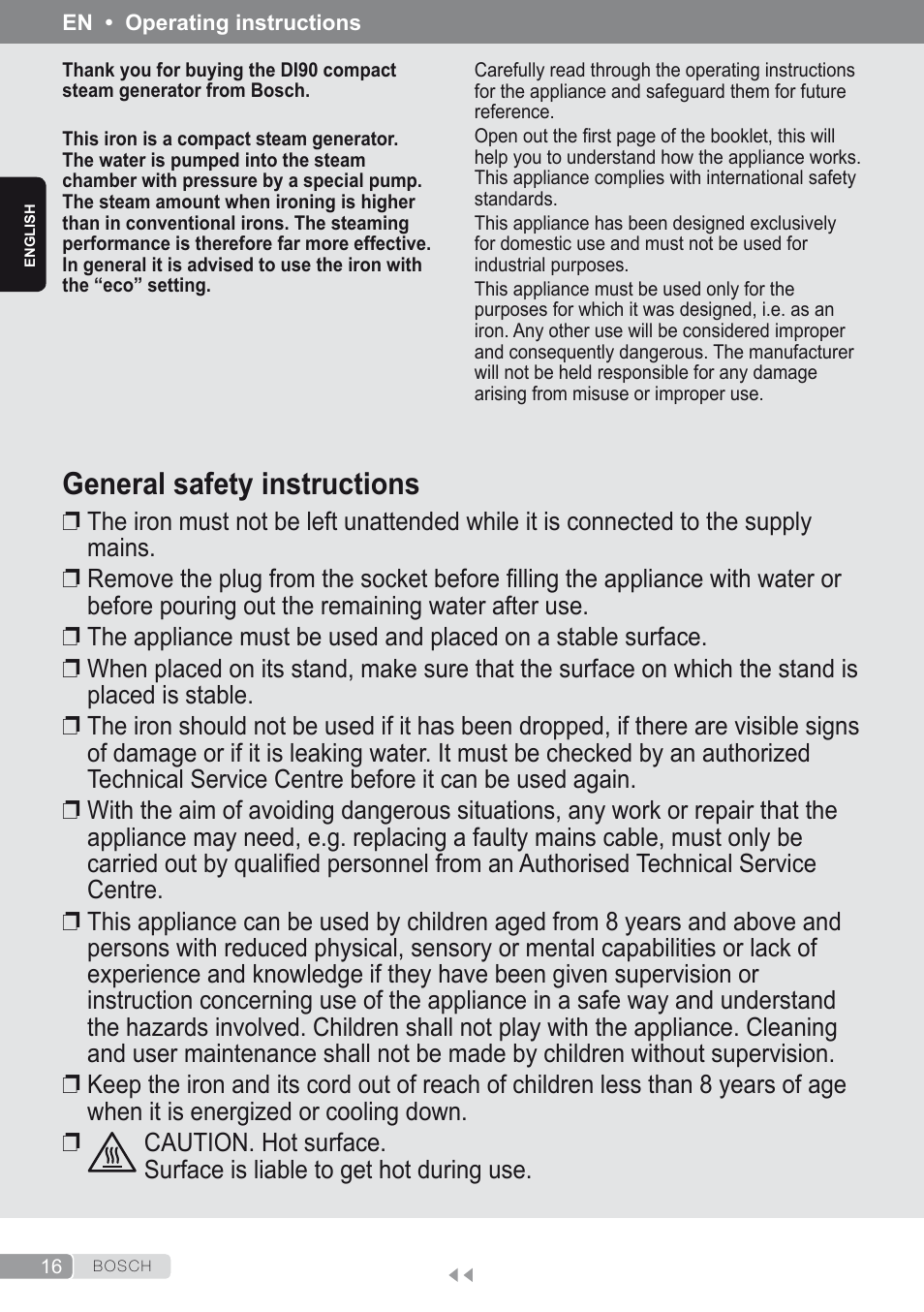English, General safety instructions | Bosch Kompakt-Dampfgenerator Sensixx´x DI90 AntiShine TDI902836A magic night blue weiß User Manual | Page 16 / 188
